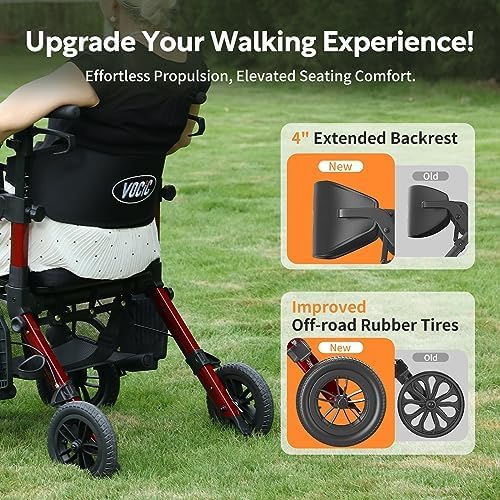 VOCIC 2 in 1 Rolstoel Rollator Opvouwbaar en Licht met Zitting, Outdoor Gumbanden voor Alle Terreinen, Lichtgewicht Rollatoren met Nettas, Aluminium Loophulp Transport-Stoel, Rood (5 Jaar