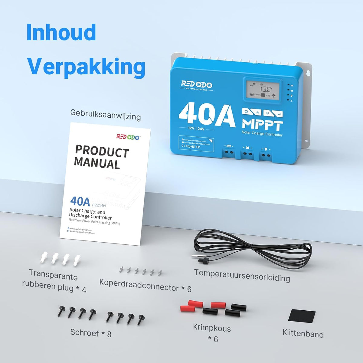 Redodo 40 Amp MPPT 12V/24V DC Input Solar Laadregelaar met ingebouwde Bluetooth-module, parameter verstelbare LCD-scherm LED-indicatoren