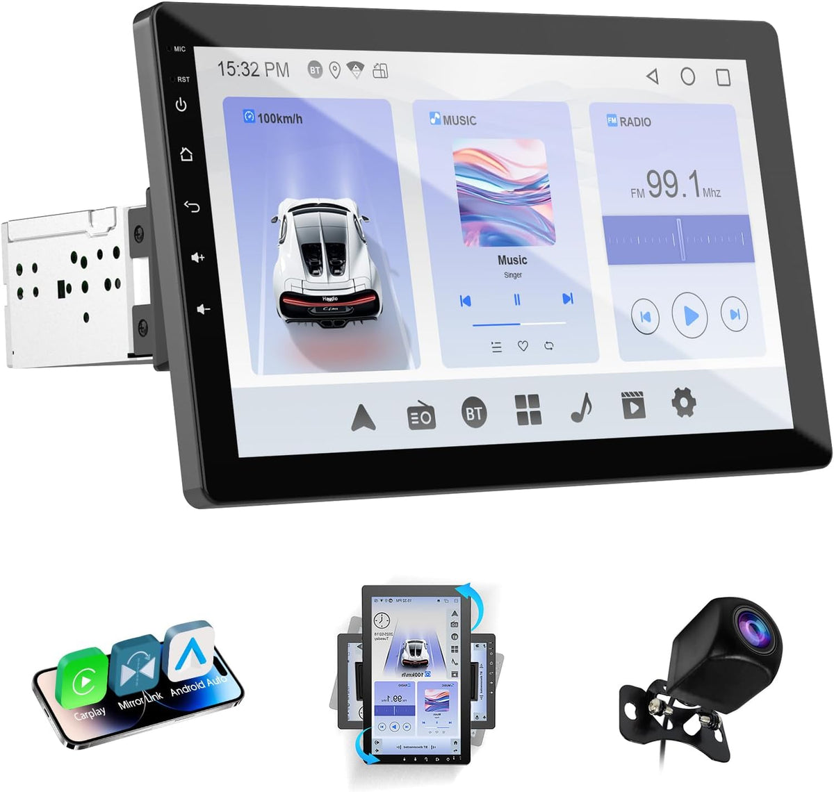360° Draaibare Autoradio – 1 DIN Autoradio – Bluetooth Stereo – Draadloze CarPlay – Android Auto – 10,1 Inch IPS Touchscreen – Ingebouwde 720P Achteruitrijcamera & Stembediening