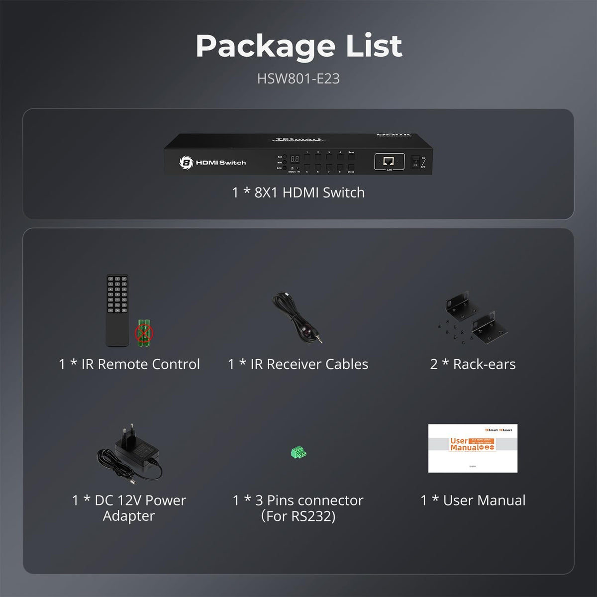TESmart HDMI Switch 8 in 1 uit HDMI-schakelaar 8-poorts Ondersteunt 4K@60Hz HDCP 2.2, 19" rackmount | RS-232/Lan-bediening | IR-afstandsbediening en automatische schakelaar | Automatische scan