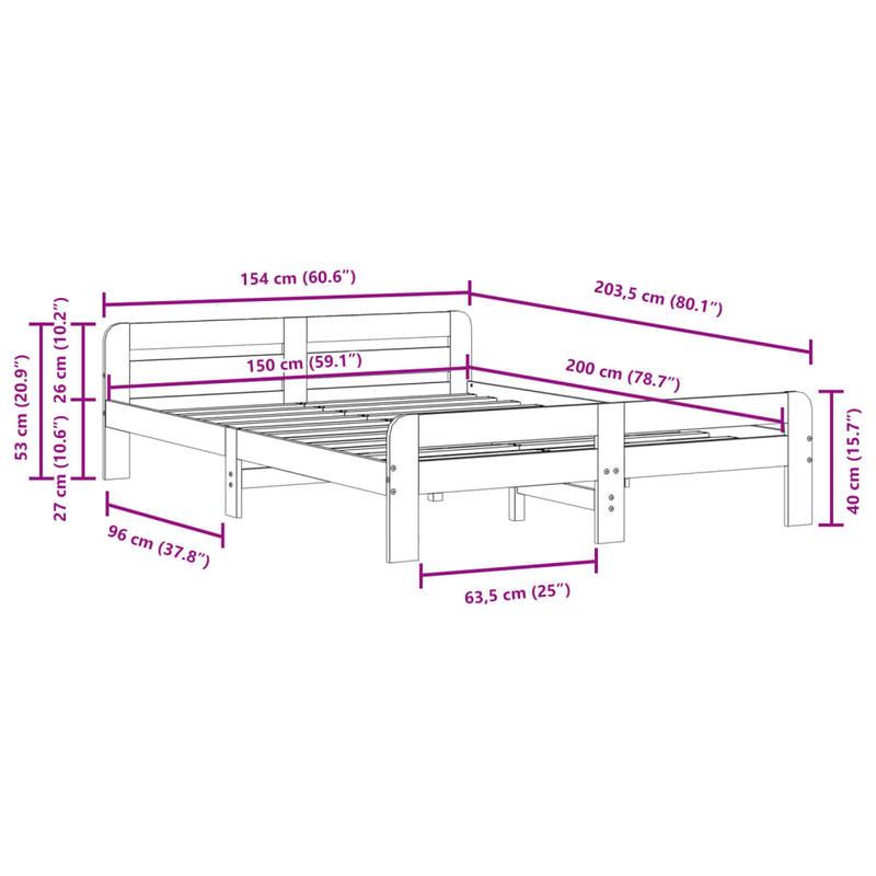Bedframe – Tweepersoonsbed – Bed – Massief Houten Bed – Houten Ledikant – Dennehouten Materiaal – Geschikt Voor Matras 150x200 Cm – Stevig En Duurzaam