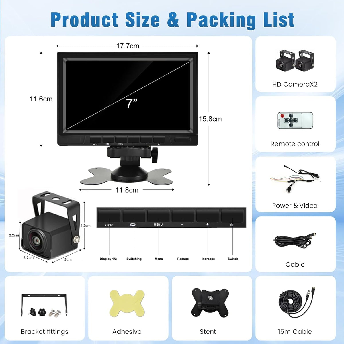 Achteruitrijcamerasysteem met dubbele achteruitrijcamera, 7 inch monitor 2 split-beeldscherm, waterdicht, nachtzicht HD, achteruitrijcamera's auto voor vrachtwagen, camper, trailer, auto, 12 V