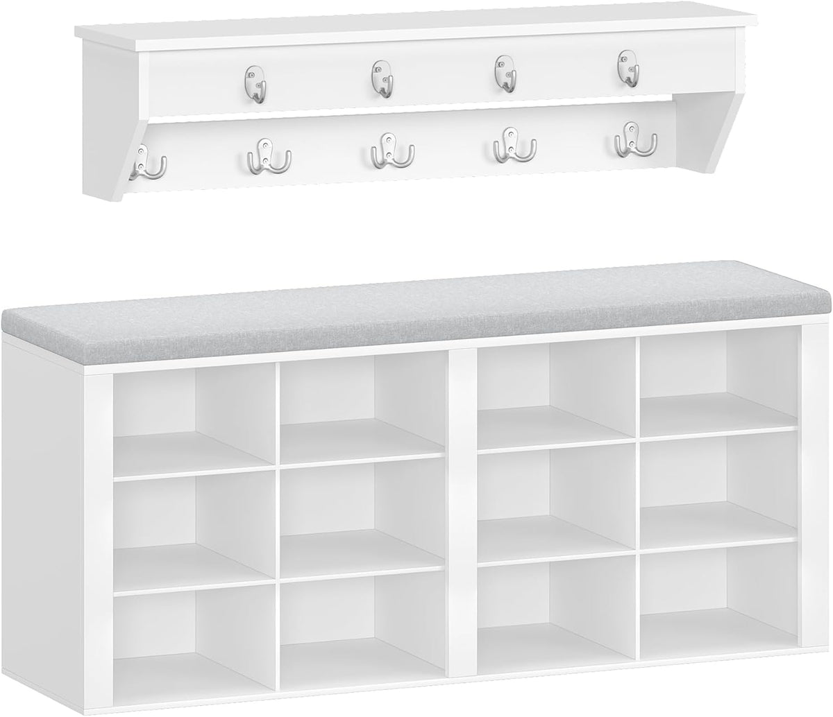Hzuaneri Coat Rack with Bench Shoe Bench with Seat Entrance Bench 30 x 104 x 49 cm Wall Coat Rack with 9 Hooks Coat Hooks for Living Room Bedroom Entrance White Grey HT24903GY