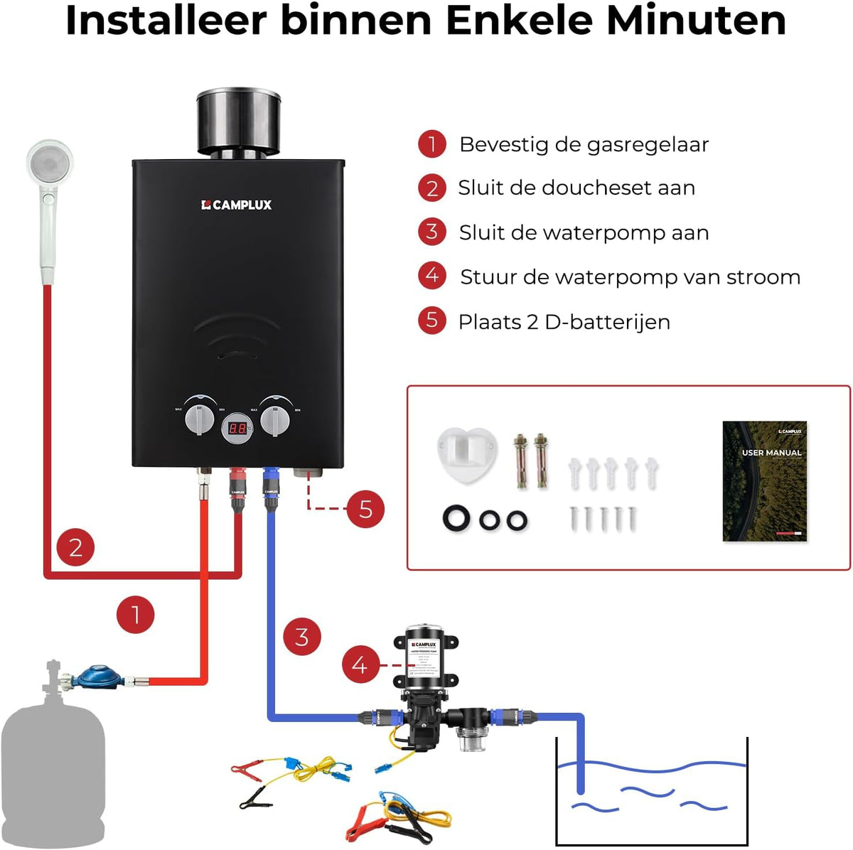 CAMPLUX Tankloze 6 Liter Gasdoorstroomboiler met 12 V Waterpomp en Regenhoes, 50 mbar, LPG, voor Campingdouche/Wapaard, BW158BCP60-DE