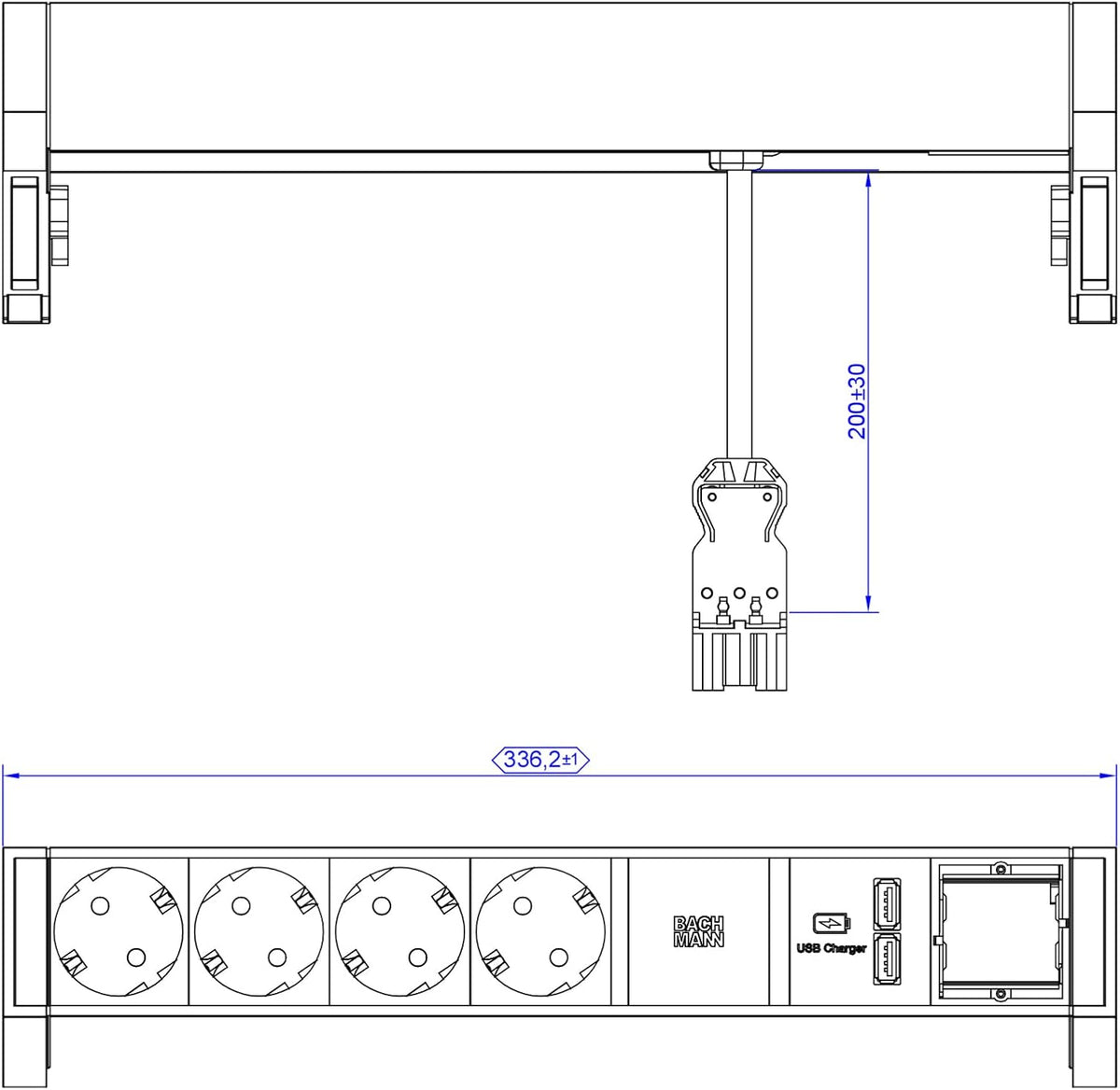 BACHMANN DESK2 4X geaard contact 1x USB-oplader, aluminium