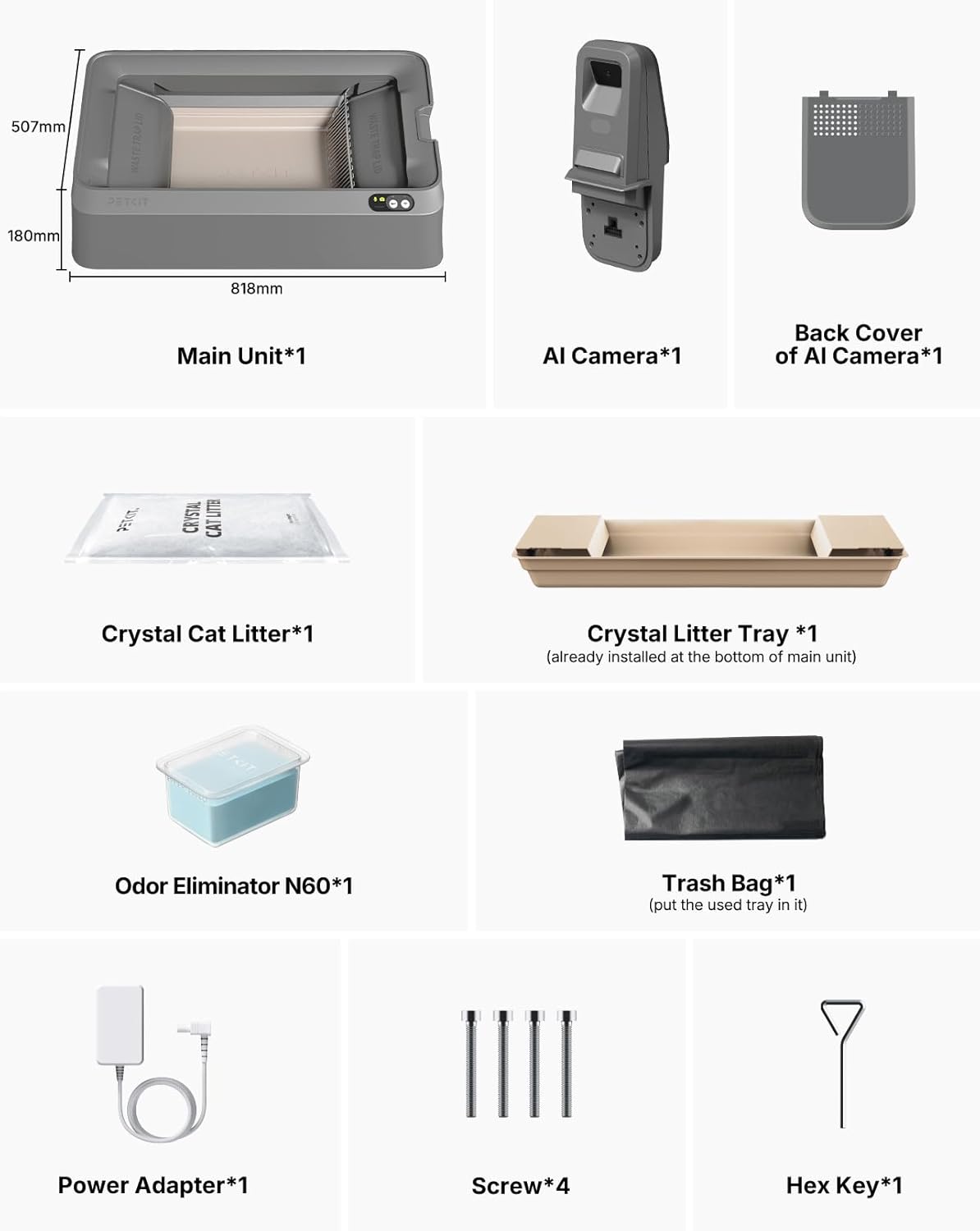 PETKIT PUROBOT CRYSTAL DUO Zelfreinigende Kattenbak, AI-camera, Automatisch Reinigende Kattenbak, Bidirectionele Reiniging, Vervangbare Tray, Gezondheidsmonitoring, Geurverwijdering, Grijs