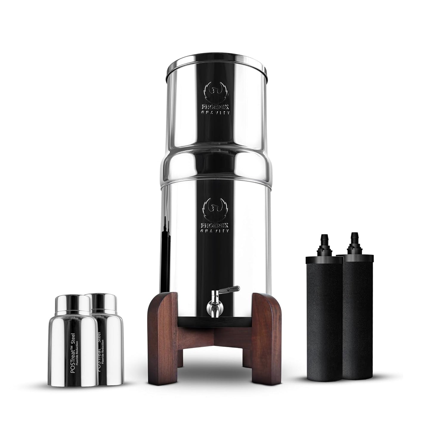 Phoenix Gravity - 6 liter waterfiltersysteem, NSF-gecertificeerd, van AISI 304 roestvrij staal, met 2 Smart Carbon en POSTreat patronen en houten standaard