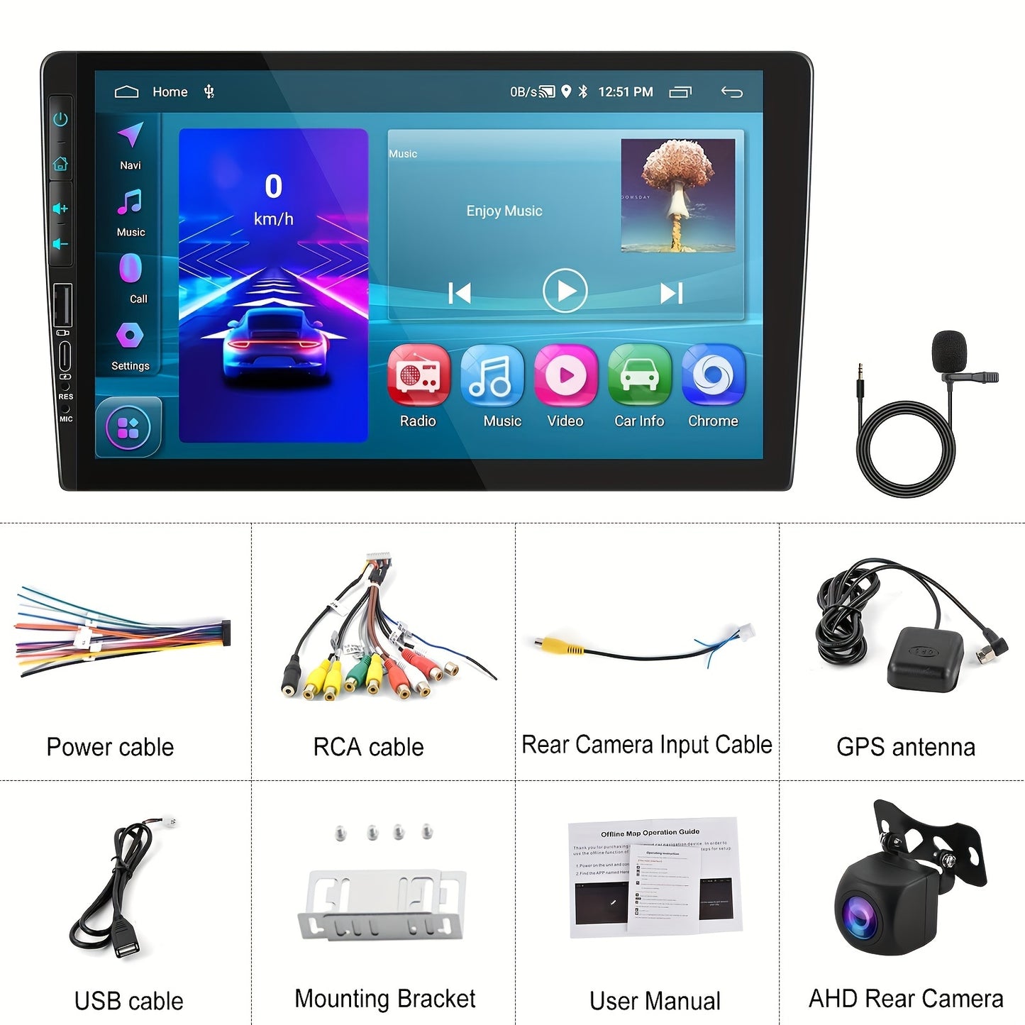 Podofo 2+64GB Android 13 Double Din 25.65 cm Touch Screen Car Stereo with Wireless Carplayer, Android Auto, B-t, GPS, WiFI with AHD Backup Camera, MIC