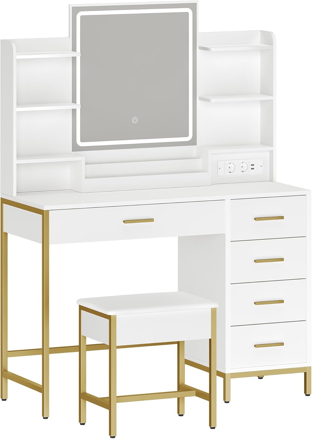 Hzuaneri Dressing Table, Dressing Table, Soft Stool, HD Mirror and Adjustable LED Lighting, Socket And USB Connection, 5 Drawers, Open Storage Compartment, Modern Style, White GoldDT351HDT