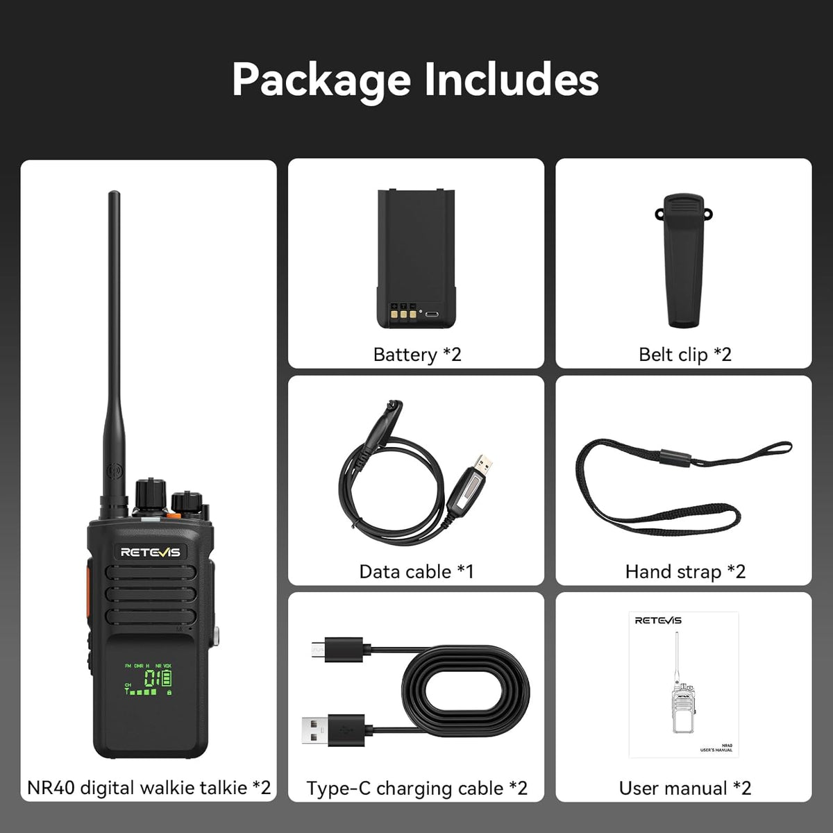 Retevis NR40 Portofoons voor Lange Afstanden, DMR Portofoon met Waterdicht Bereik, 2800mAh, Helder Geluid, Professionele Portofoon voor de Bouw, Fabrieken en Fabrikanten (Zwart, 2 Stuks)