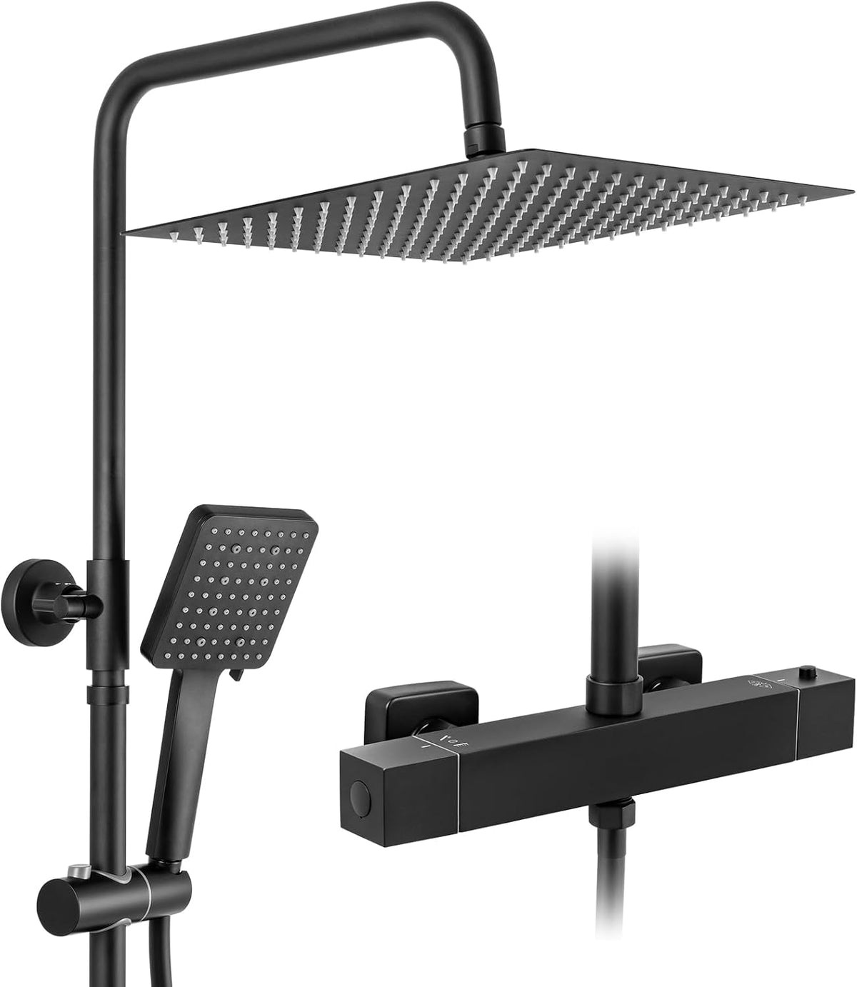 Thermostaat Doucheset – Douchegarnituur – Douchestang – Regendouche – Handdouche – 30x30 cm RVS Regendouche – 6 Straalsoorten Handdouche – Verstelbare Douchestang 88-124 cm – Matzwart Roestvrij Staal