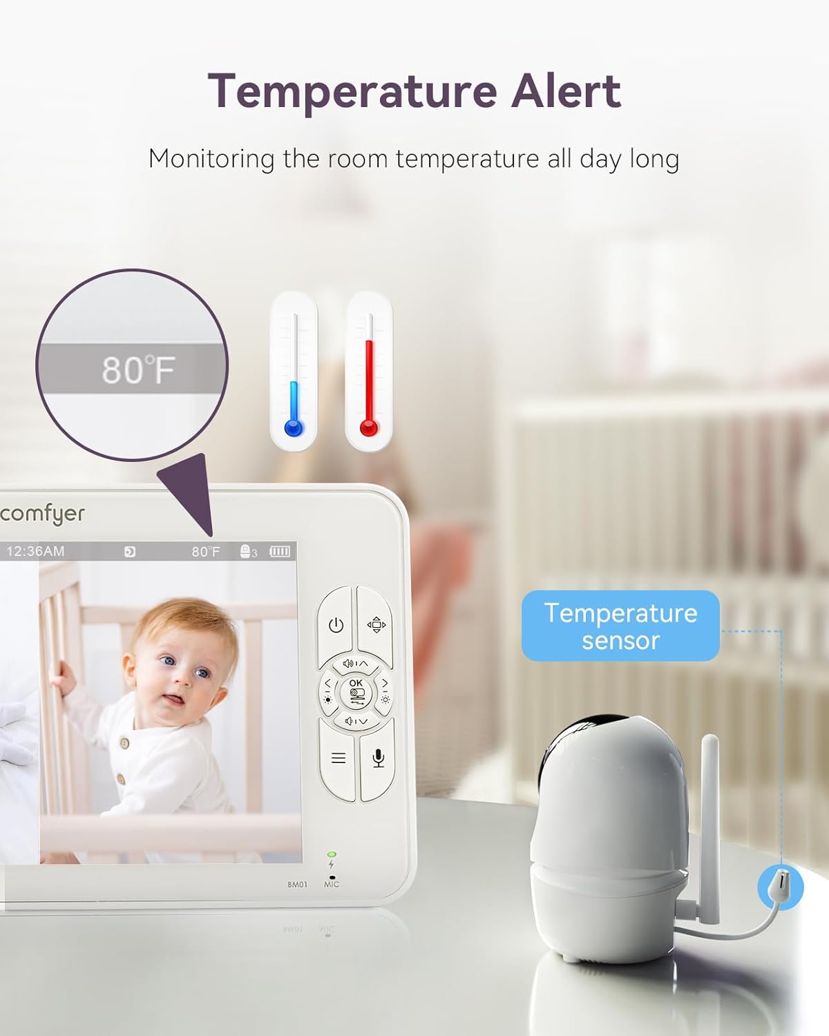 Babyfoon met 1080p camera, 7 inch, 720P HD-video, babymonitor met camera zonder wifi, 6000 mAh batterij, IR-nachtzicht, groothoeklens, 2-weg audio, vox-modus, 300 m bereik