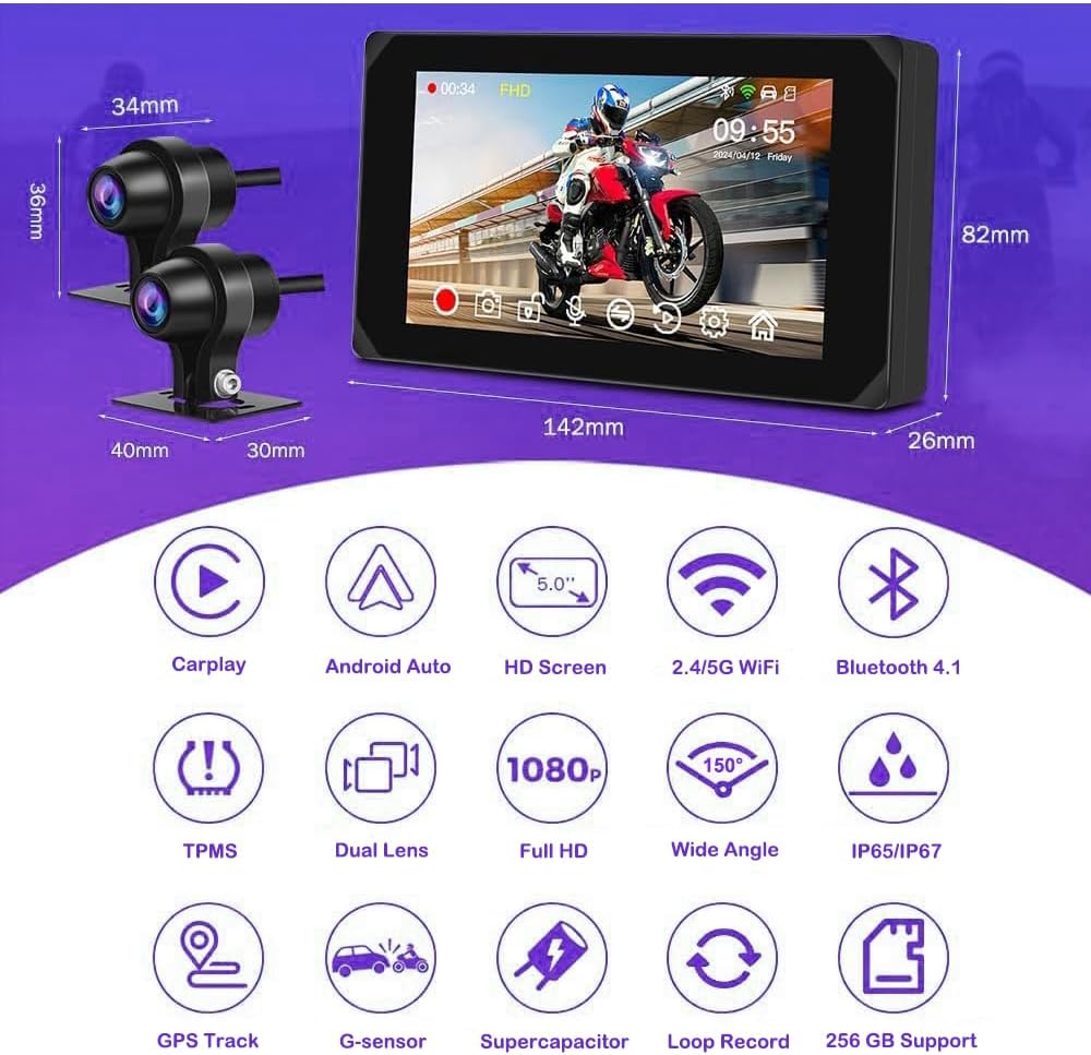 VSYSTO Motorfiets Carplay Scherm, Draadloze Carplay en Android Auto, GPS Navigatie, Parkeermonitoring, Bandenspanningssensoren, 5-Inch WiFi Dashcam 1080P Voor- en Achtercamera (CS5PRO)