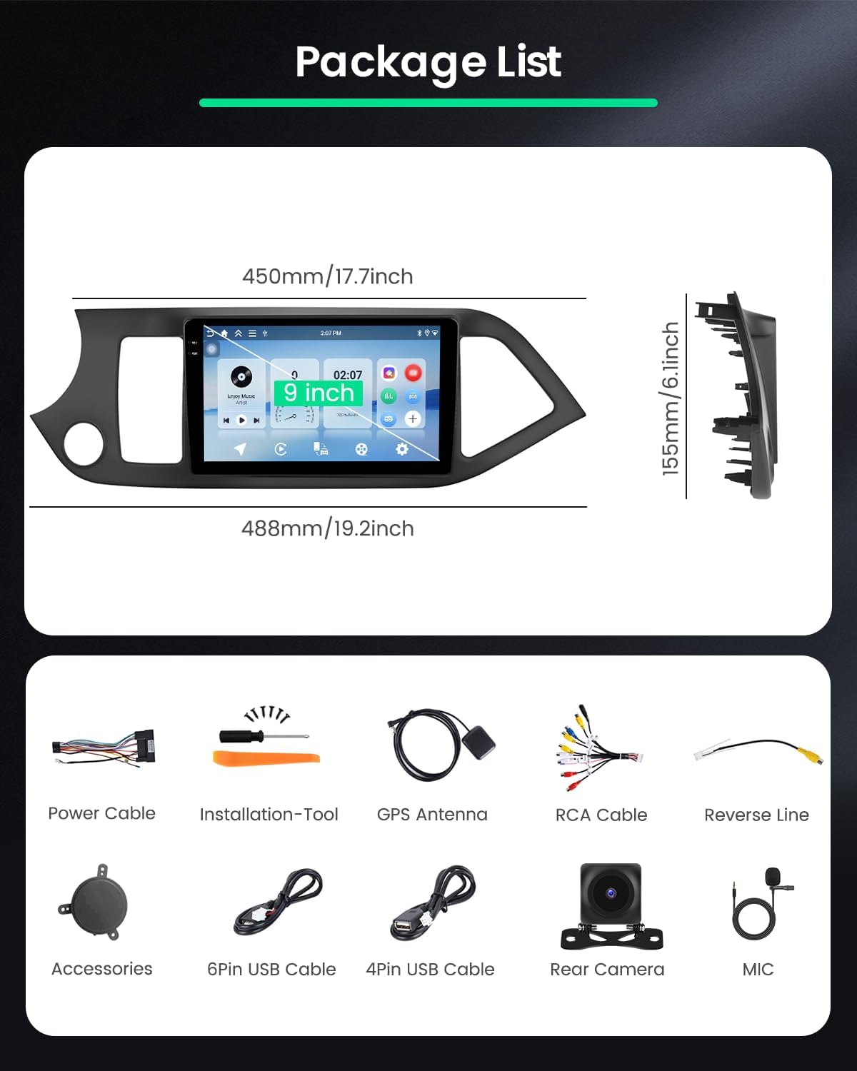 4+64G Android 15 autoradio voor KIA Picanto TA 2011-2016 met Carplay Android Auto, 9 inch autoradio Incell touchscreen met GPS Bluetooth EQ WIFI RDS FM SWC MIC achteruitrijcamera