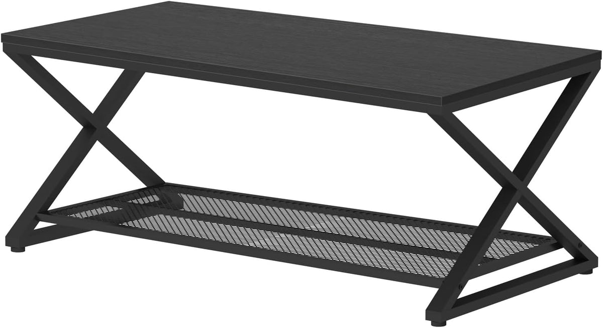 LVB Zwarte salontafel, metalen houten middentafels met 2 niveaus met opbergplank, moderne rechthoekige cocktailtheetafel voor woonkamer, houten middelste betonnen tafel voor kantoorslaapkamer, 99 cm,