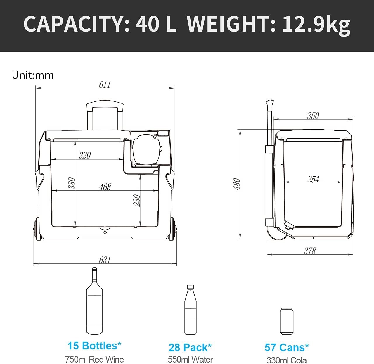 Alpicool CX40 elektrische compressor Koelbox/vriesbox, 40L Mini koelkast 12/24 V en 230 V, Autokoelkast voor auto, vrachtwagen, camping met stopcontact en USB-poort