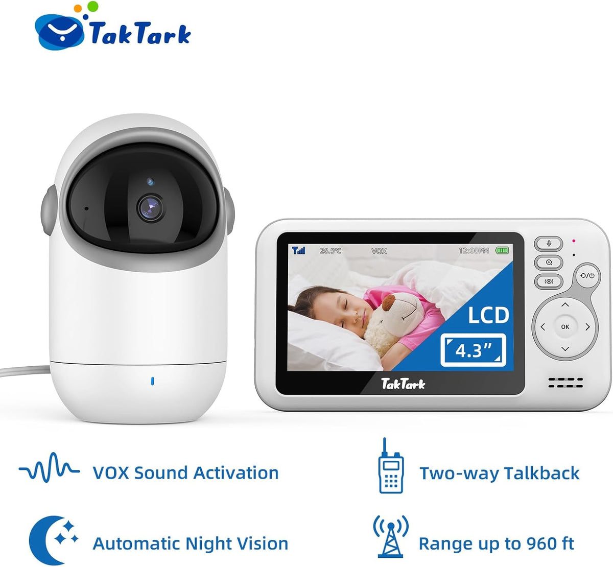 TakTark Babyfooncamera, 4,3 inch videobabyfoons, camera met 300 graden pan-tilt zoom, babycamera, temperatuurbewaking, VOX, nachtzicht, tweerichtingscommunicatie
