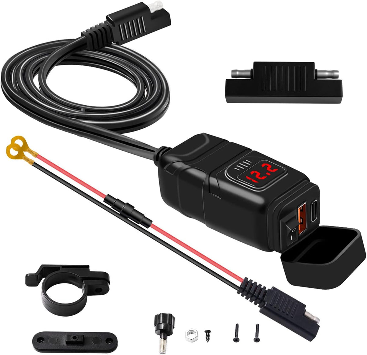 USB-stopcontact voor motorfiets, 18 W QC3.0 30 W PD USB-oplader voor motorfiets, waterdicht, snel opladen met schakelaar en led-voltmeter, US-B-stuur voor marine, auto, camper, SUV, boten