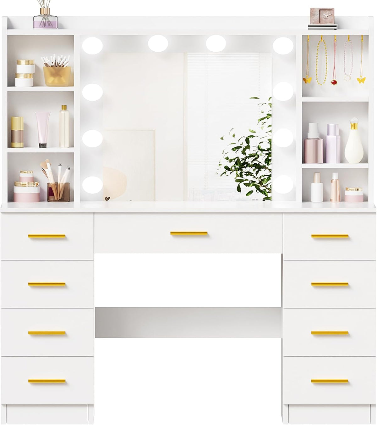 ANWBROAD Large LED Dressing Table, 3 Colours, Adjustable Brightness, Vanity Table with Mirror, Dressing Table with 9 Drawers, 6 Open Shelves, 5 Jewellery Hooks, Modern White BDT89W - QUORE