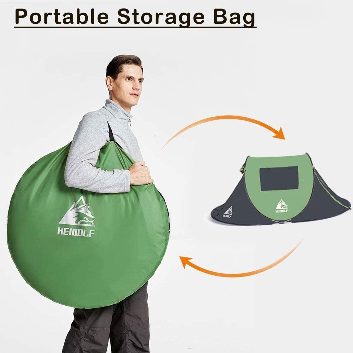 HEWOLF Pop-up tent voor 2-4 personen, campingtent met voortent, automatisch, ultralichte familietent, secondentent, zonwering, cabana-tent voor outdoor, camping, festival, groot legergroen