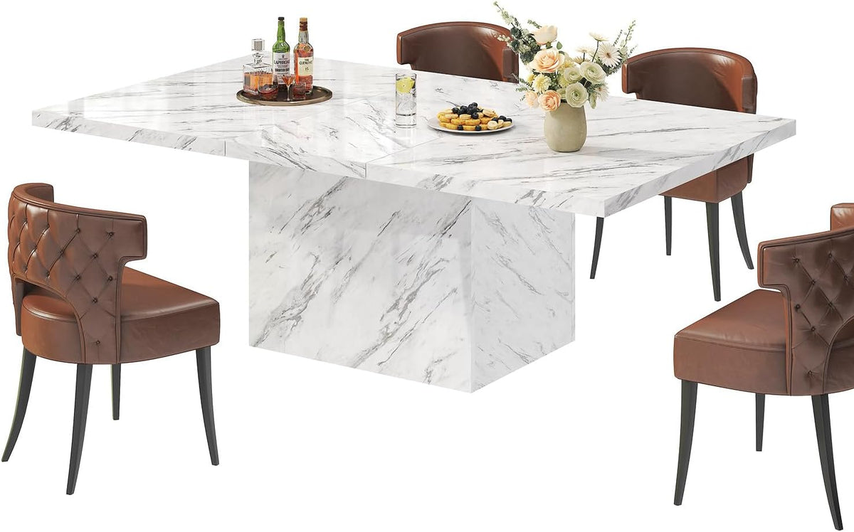 HSH Witte Faux Marmeren Eettafel, 160 cm Moderne Eettafel voor 6 Personen, Boerderij Rechthoek Keuken Tafel voor Woonkamer, Grote Houten Eetkamer Tafel met Sterk Sokkel, Wit Marmer, 160 cm