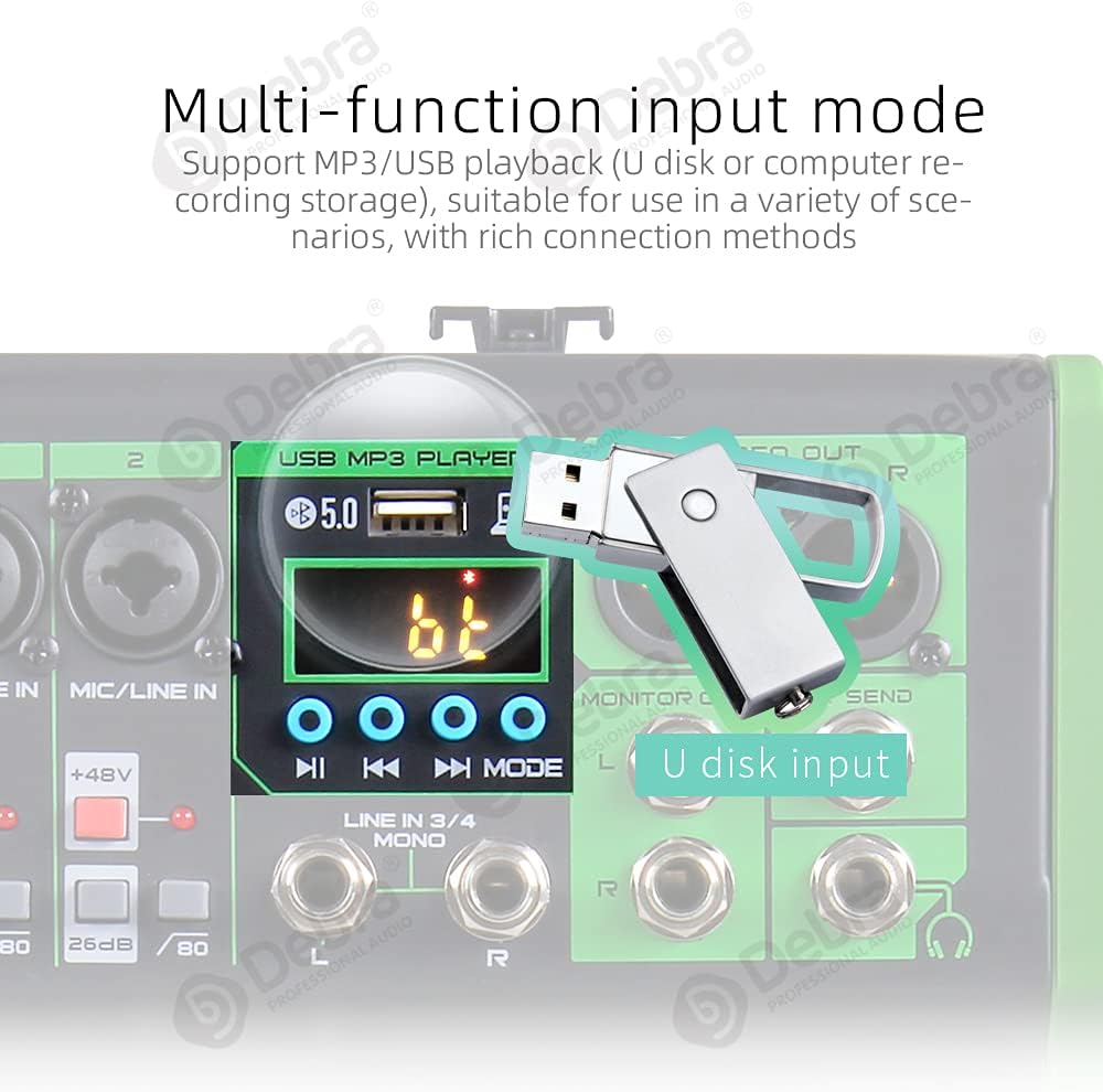 D Debra 4-Kanaals DJ Mixer, 99 DSP Effecten, USB/MP3 Ingang, 48V Fantoomvoeding, Ideaal voor DJ, Karaoke, Studio
