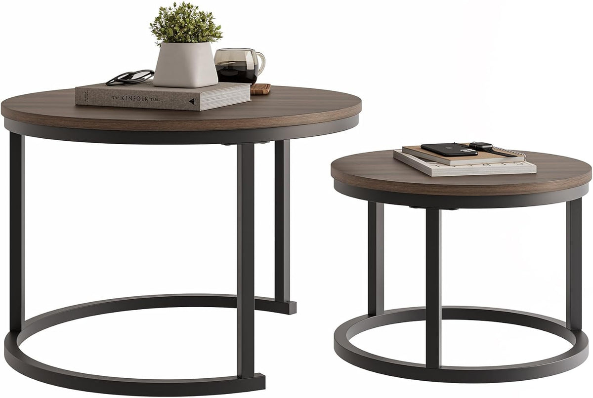 HOJINLINERO Set van 2 ronde nestels, stapelbank, bijzettafel, voor woonkamer, slaapkamer, kantoor, balkon, appartement (walnoot)
