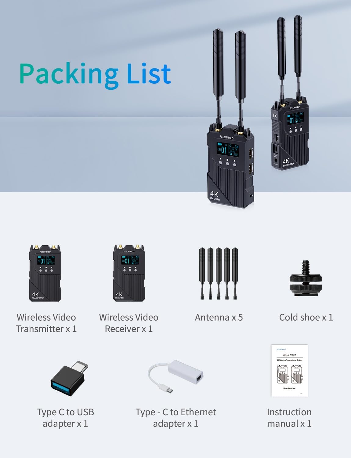 FEELWORLD WT1H 4K Draadloze Video Transmissie Systeem Dual HDMI Full Duplex Intercom Live Streaming met 1000ft Transmissie Afstand 0.08s Lage Latentie
