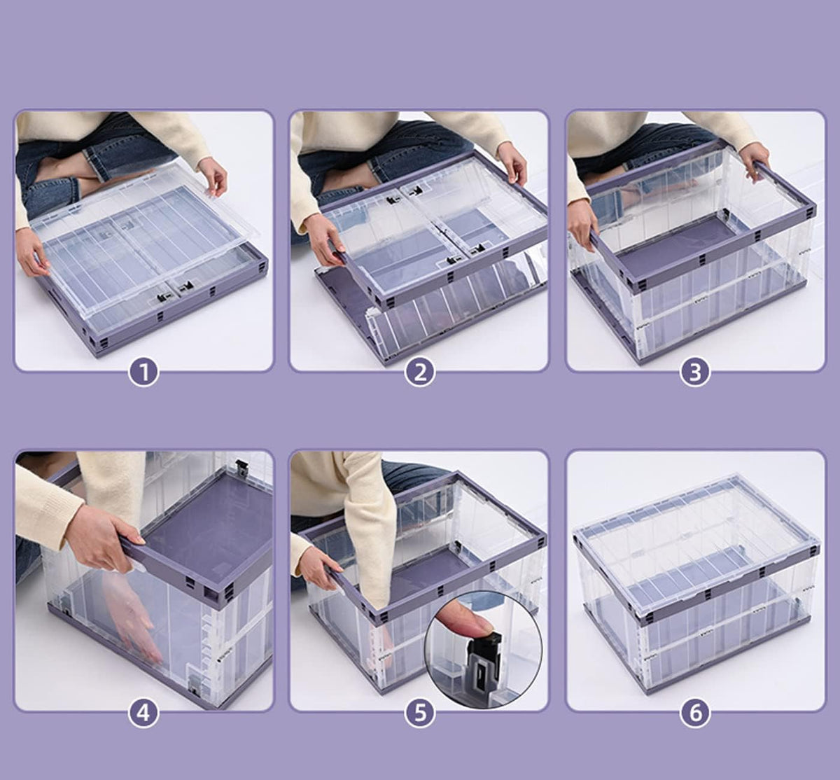 TUKA-i-AKUT TKD8640 Opvouwbare opbergdozen met deksel, stapelbaar opvouwbaar, stabiele stapelkisten met handgreep, stapelbak, organizer, vouwdozen, stapelboxen, doorzichtig, 6 x 55 l, roze, 6 x 55 l,