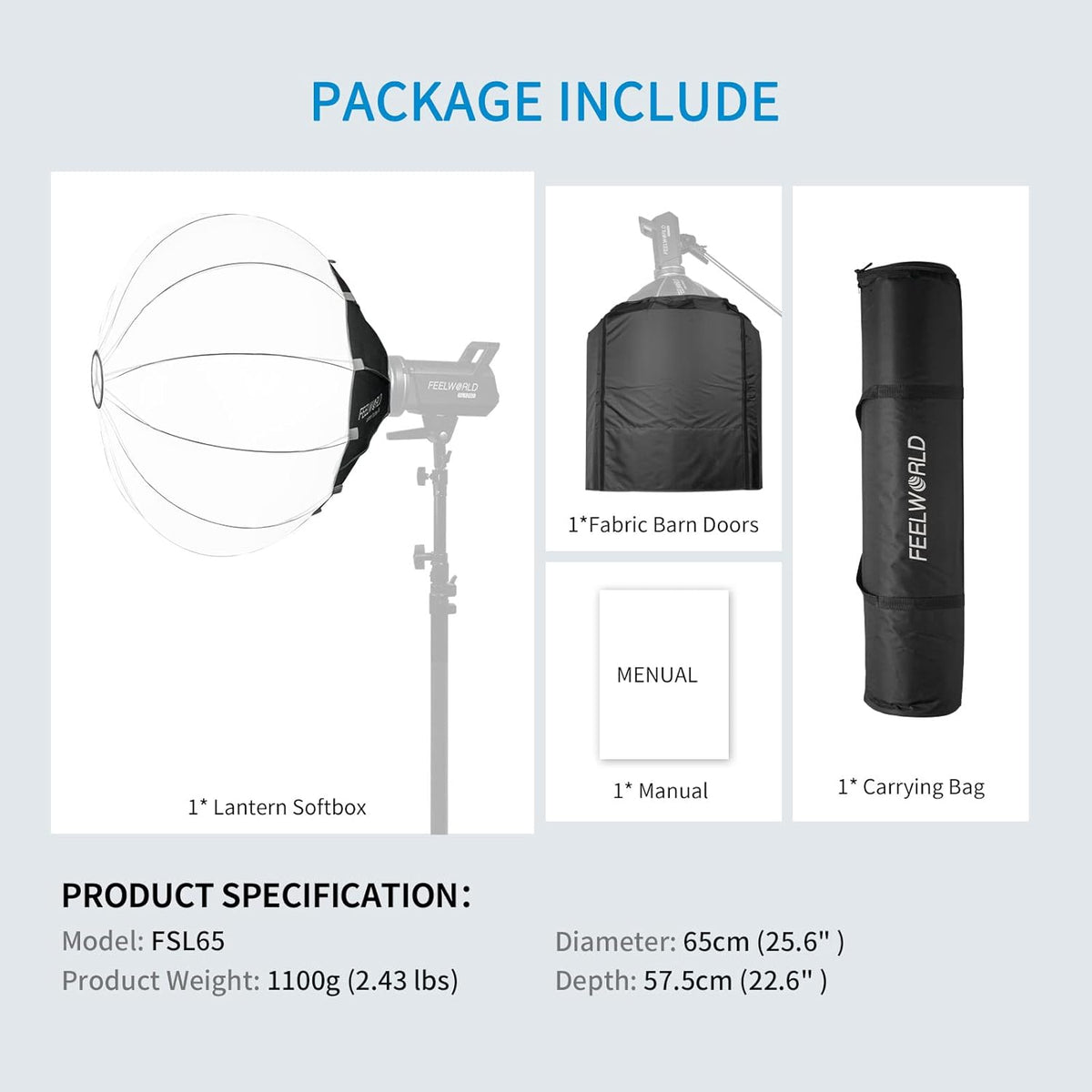 FEELWORLD FSL65 65cm lantaarn Softbox, LED Studio Licht Softbox, Foto Set Accessoires, Bowens Mount, met Stoffen Schuurdeuren Draagtas, voor Fotografie Selfie Live Streaming Interview Verlichting