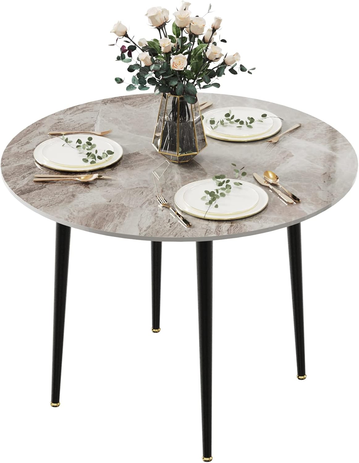 FATIVO Dining Table Round Dining Table Marble 80cm Round Table Small Kitchen Table for 2 People High Gloss Dining Table Nordic Tables for Dining Room Restaurant Metal Table Legs Grey - QUORE
