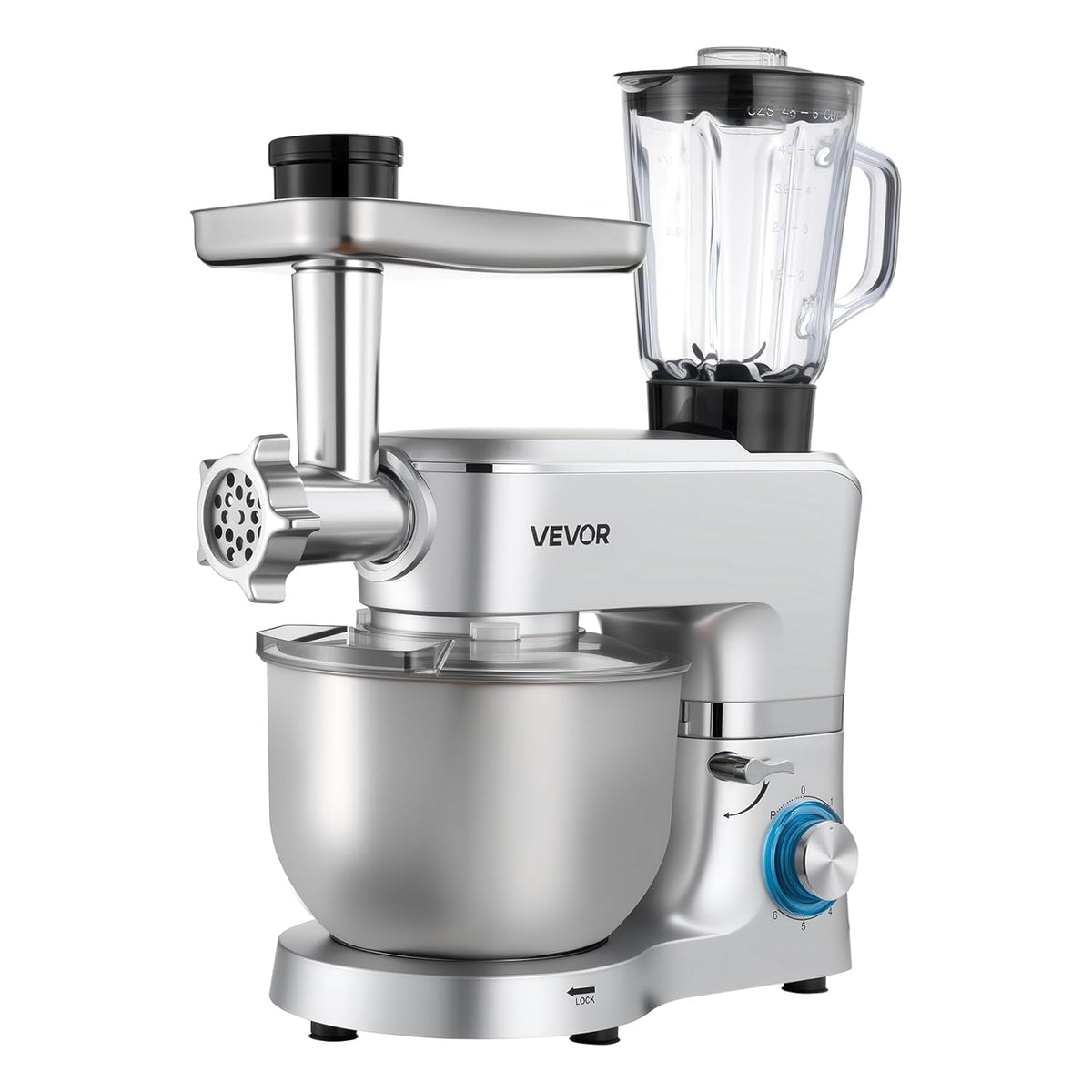 VEVOR Multifunctionele elektrische keukenmachine, 1500 W, roestvrijstalen kom van 6 l en mengkom van 1,5 l, met 6 snelheden + P, kneedhaak, garde en plat