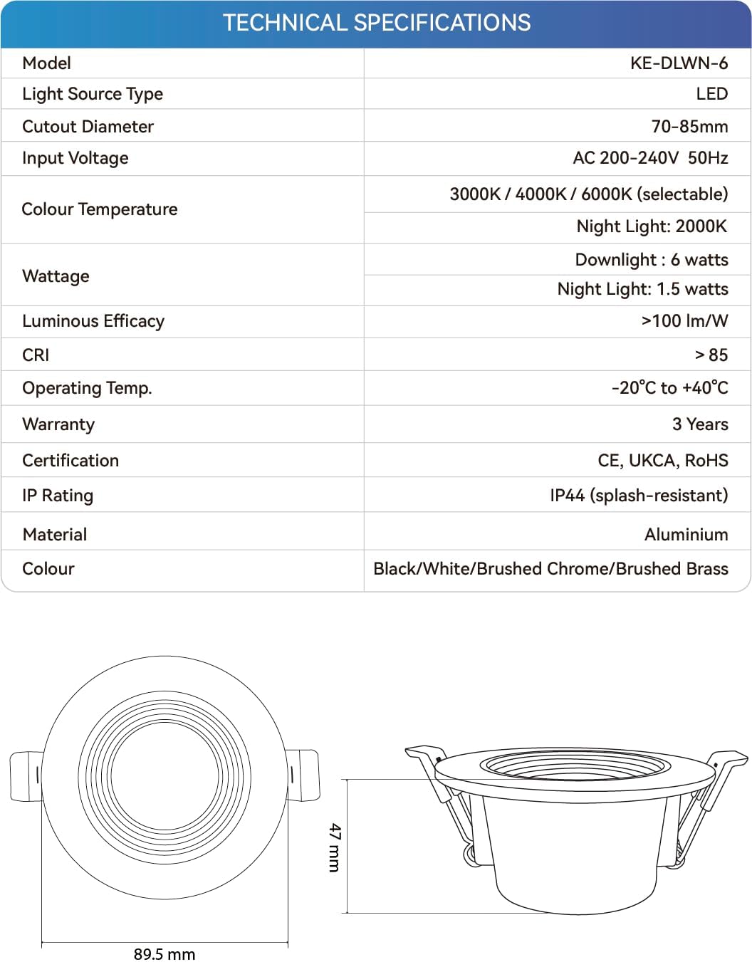 KEELED Zwarte Inbouwspots voor Plafond, Inbouwverlichting met Nachtlampfunctie, 230V, 6W, 3 kleurtemperaturen 3000K/4000K/6000K selecteerbaar, 70-85mm inbouwgat, 24 stuks