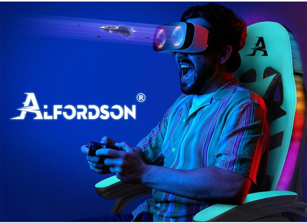 ALFORDSON Gaming Chair, Office Chair, Swivel Large Massage Chair with 8 Points, RGB LED Light, 12 Colours, Ergonomic with Footrest, Headrest and Lumbar Cushion, Cyan - QUORE
