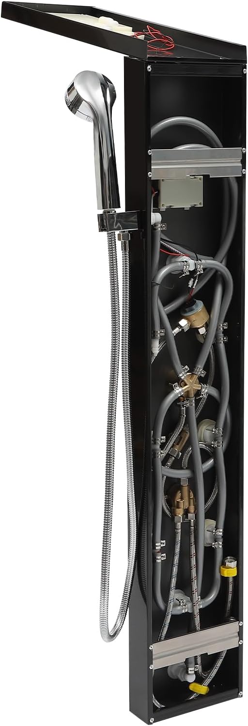 Douchepaneel – Douchekolom – Douchewand – Thermostaatkraan – Regendouche – RVS Zwart – LED Temperatuurweergave – 6 Waterstanden