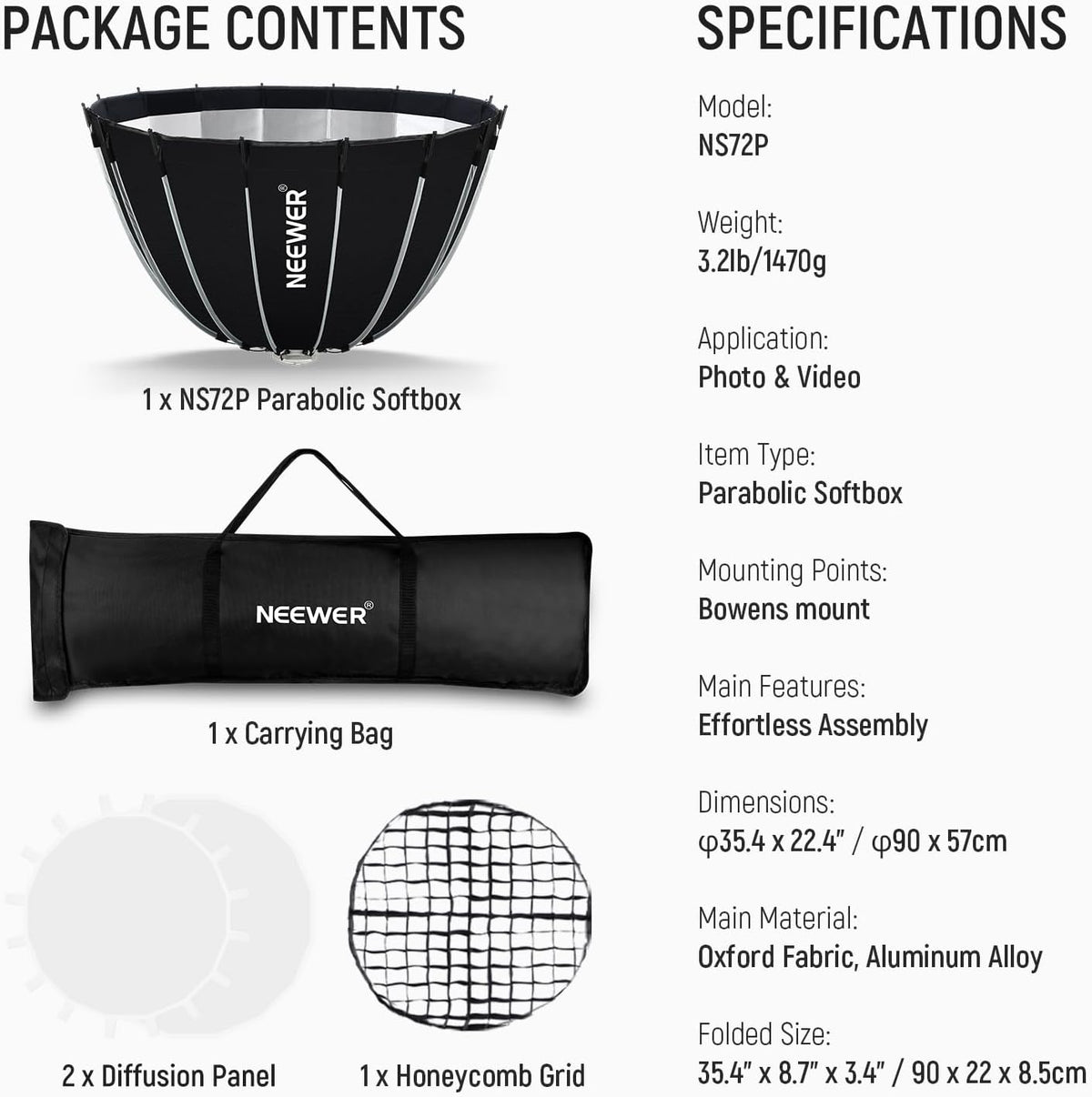 Parabolische Softbox Kit – Softbox – Bowens Softbox – Studio Softbox – Lichtmodifier – 90 Cm Bowens Mount Compatibel – Dubbele Diffusers En Honingraatrooster