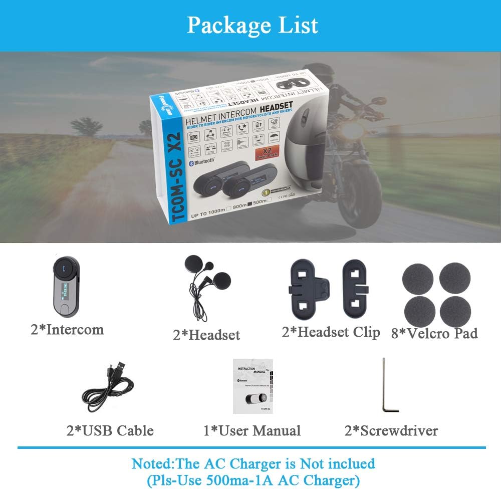 FreedConn Motorfiets communicatiesysteem, helm bluetooth intercom, helm headset (800 m bereik, zodat draadloos bellen,mp3-muziek beluisteren, FM-radio (2 set met zachte kabel)