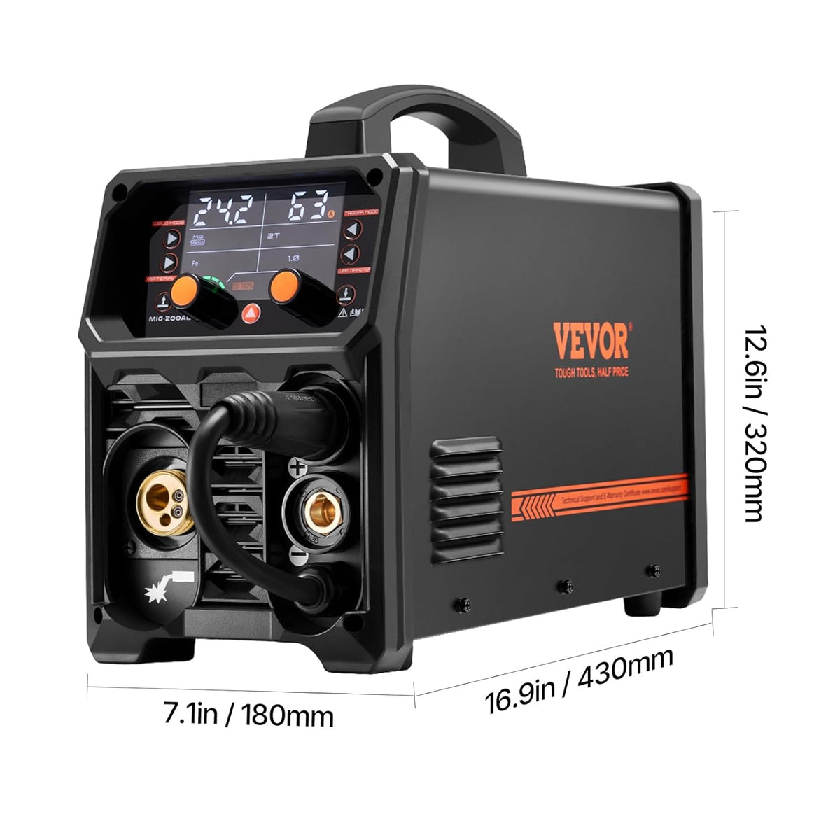 VEVOR MIG Welding Machine, 200 A, Syergetic Welding Machine, Portable MIG Gas Free 5-in-1 Gas Free Welding Machine, with IGBT Inverter Technology, LCD Display, TIG Lift Flashlight Not Included