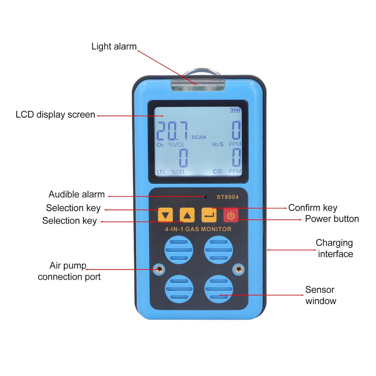 4 in 1 Gasmonitor, CO H2S O2 LEL Veelvoudige Indicator Geluidslicht, Trilling, Alarm Gaslekdetector met Achtergrondverlichting Handheld Gasdetector voor Thuis Chemisch Laboratorium