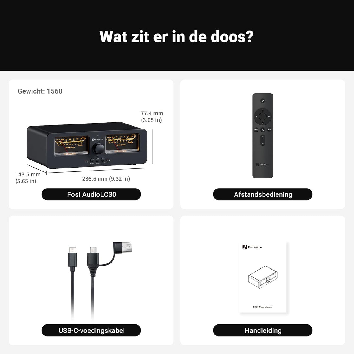 Fosi Audio LC30 Zwart Dubbele VU Meter Audio Visualizer, 2 Ingangen 2 Uitgangen Vintage Schakelaar voor High Power Stereoversterkers, Home Theatre Component, Met Afstandsbediening