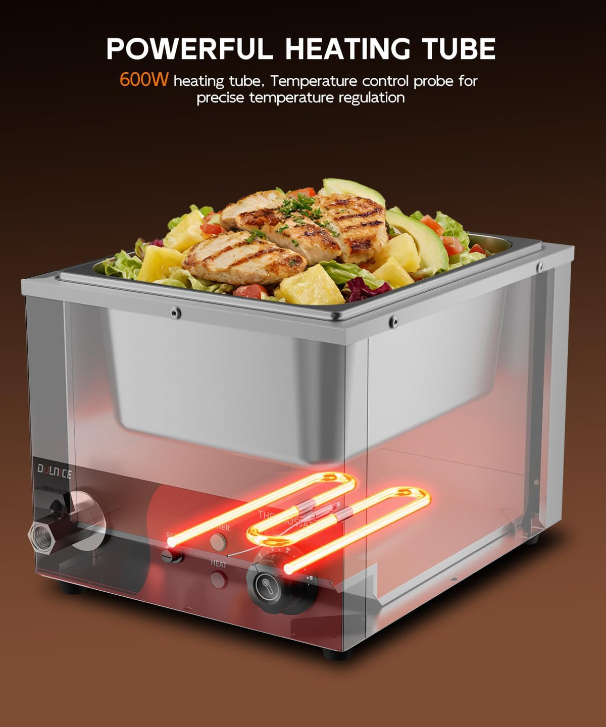 Bain Marie Elektrisch GN 1/2 met reset, elektrische voedselverwarmer, 600 W, roestvrij staal, met afvoerkraan voor feestjes, catering en restaurants, 30-85 °C