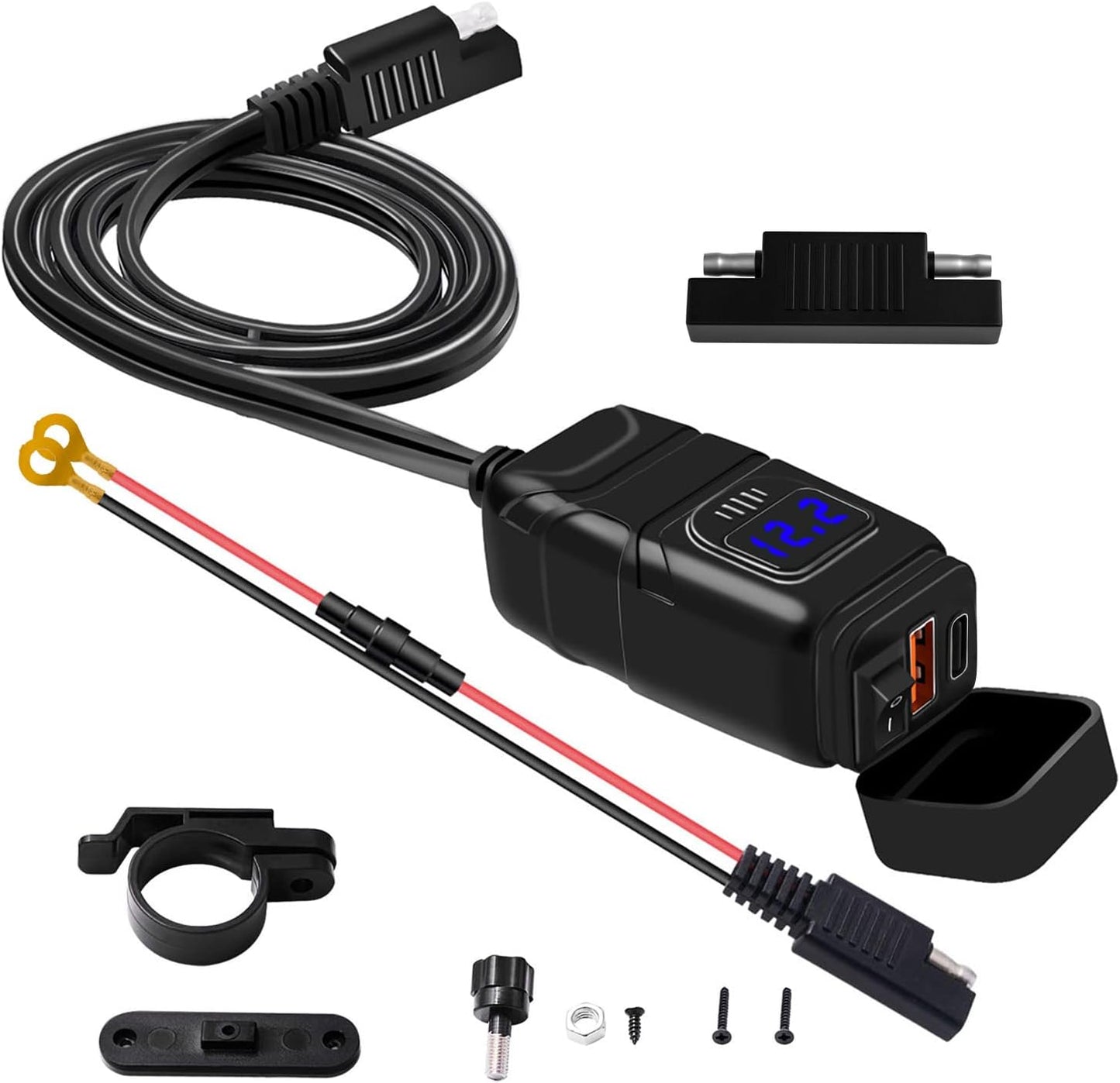 USB-stopcontact voor motorfiets, 18 W, QC3.0, 30 W, PD, USB-oplader voor motorfiets, waterdicht, snel opladen met schakelaar en led-voltmeter, USB-stuur voor marine, auto, camper, SUV