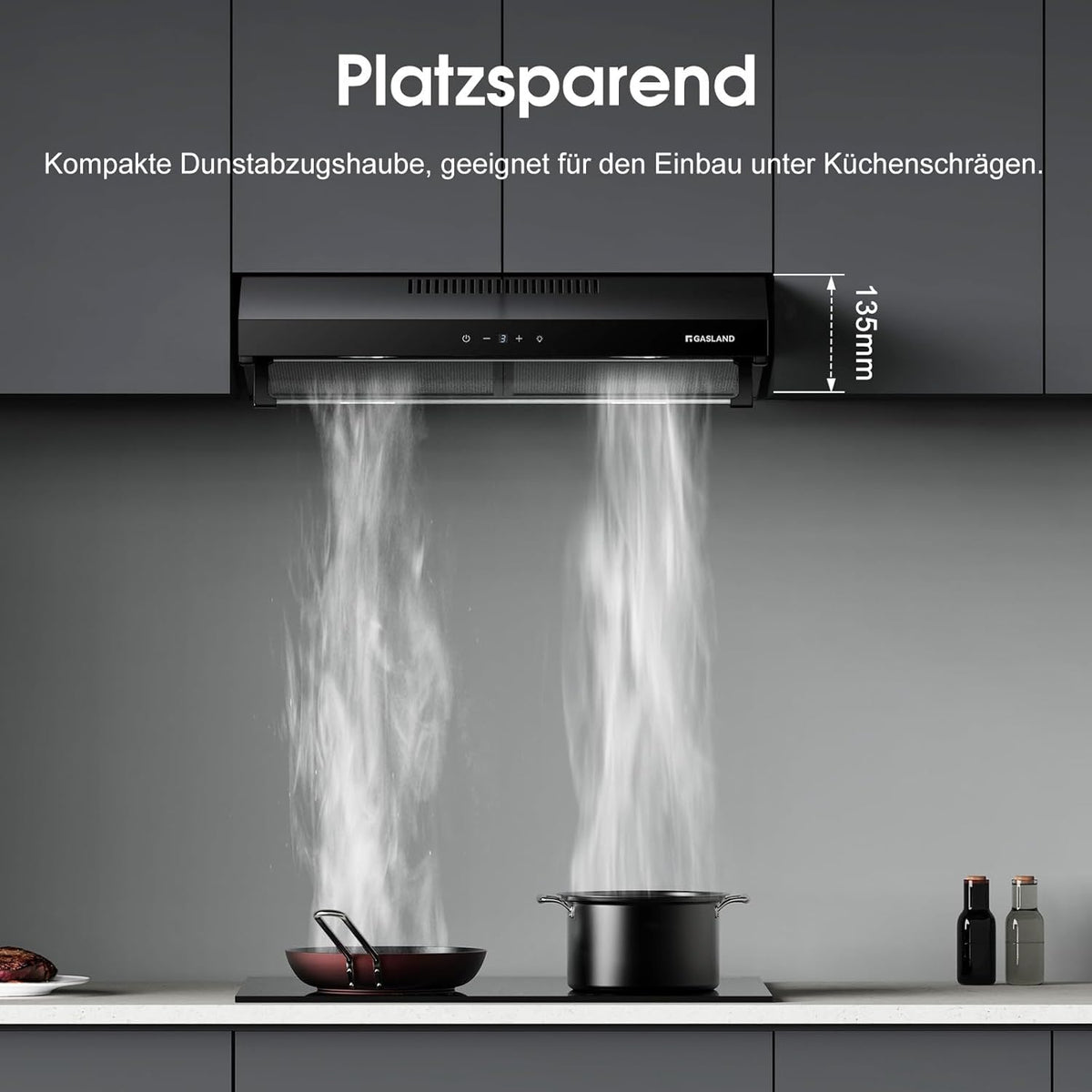 GASLAND UC60BS Afzuigkap met dubbele motor, 60 cm circulatie, stille afzuigkappen, 333 m³/h, 3 standen, Touch Control, onderbouwkap, zwart metaal met actieve koolfilter