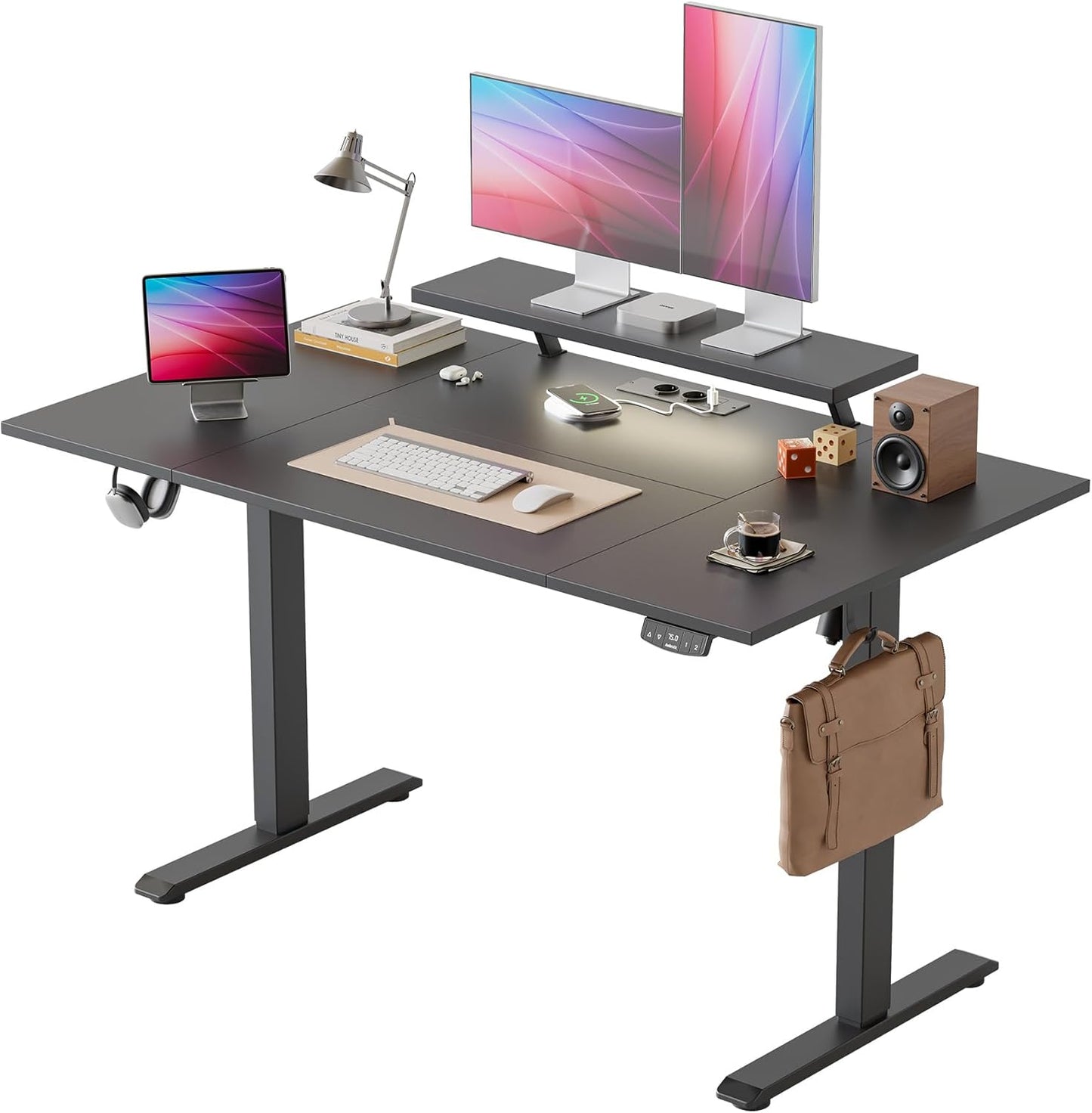 Agilestic Elektrisch in hoogte verstelbaar bureau, 140 x 80 cm, met beweegbare monitorstandaard, led-lichtbalk en USB-aansluiting, staand bureau met 4-delig tafelblad, computertafel, zwart