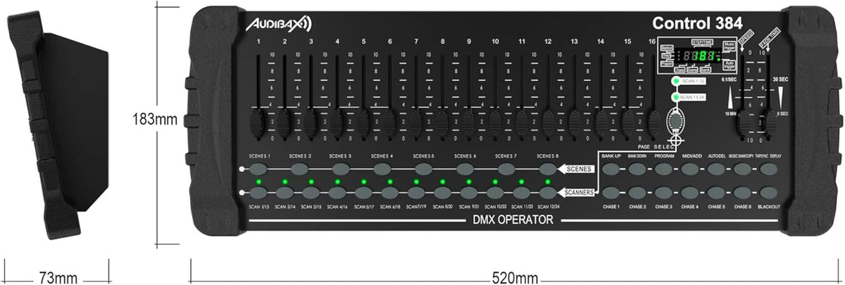 Audibax Control 384 - DMX-controller met 384 kanalen - besturing van 24 apparaten met 16 DMX-kanalen - activering van scènes per geluid, handmatig of automatisch - programmering van chases en