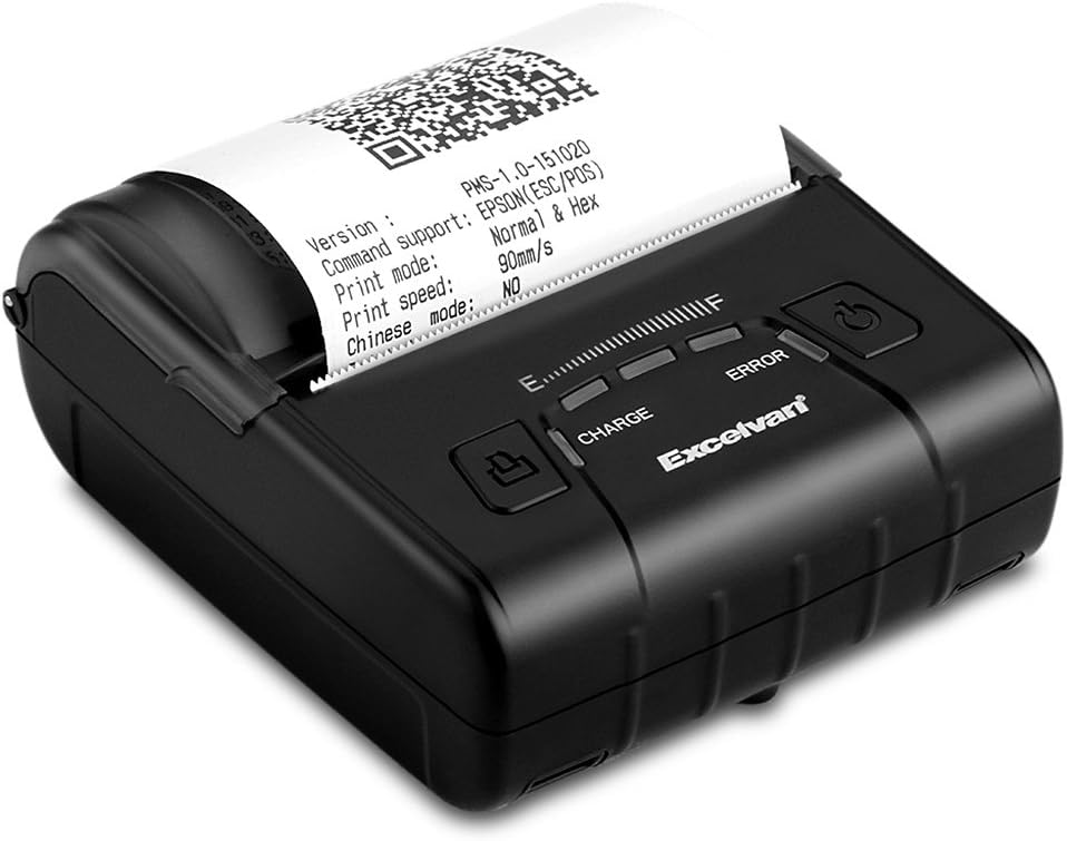 EXCELVAN E300 Thermische printer voor kwitanties en bankbiljetten, draadloos, draagbaar, USB, 90 mm/sec, 80 mm, ESC/POS, voor Pos Terminal verkooppunt), zwart