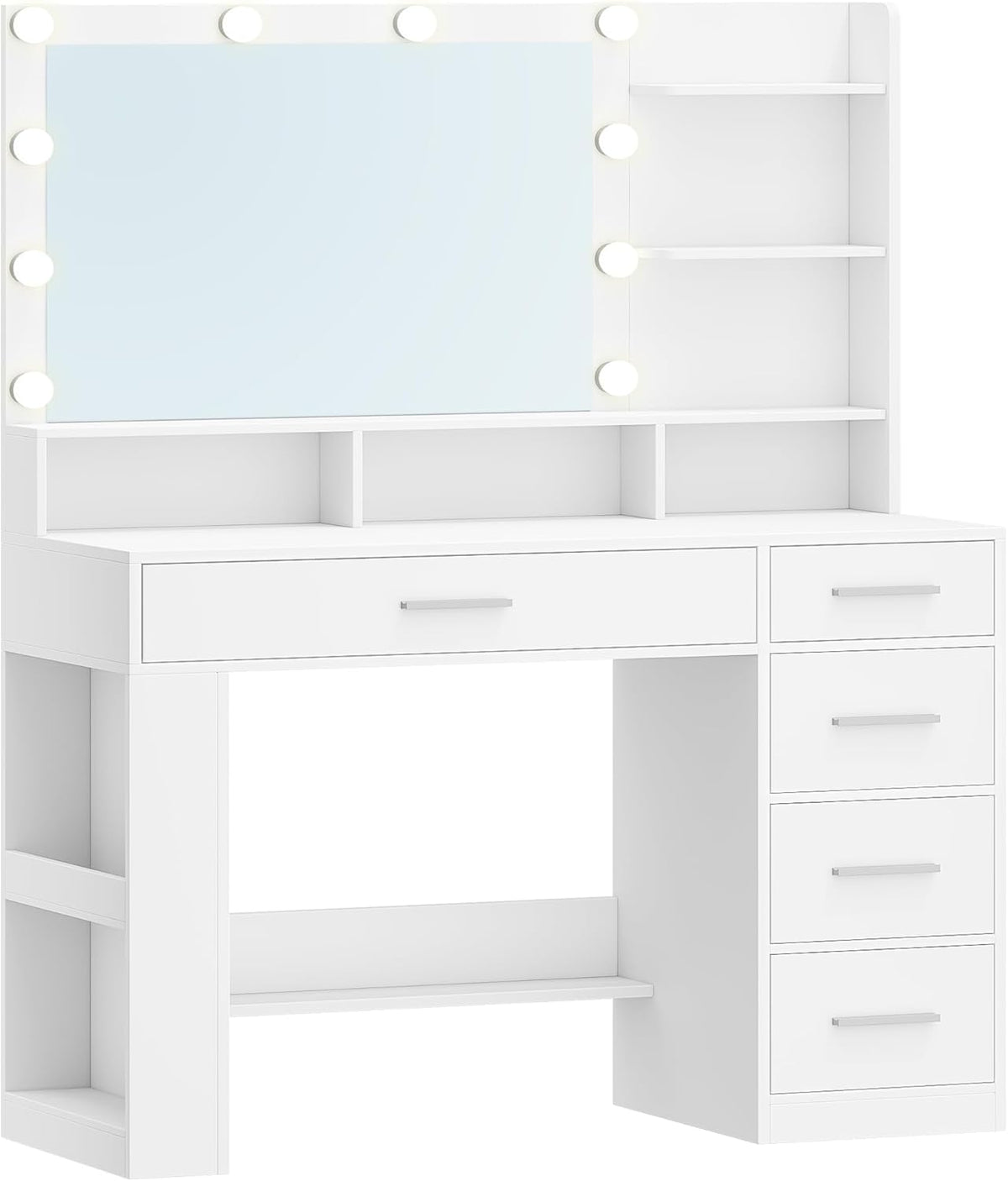 Hzuaneri Dressing Table with Large HD Mirror, Dressing Table with LED Light, 6 Open Compartments, 5 Drawers and Side Open Storage Space, Bedroom Dressing Room, Simple, White DT42603XEU