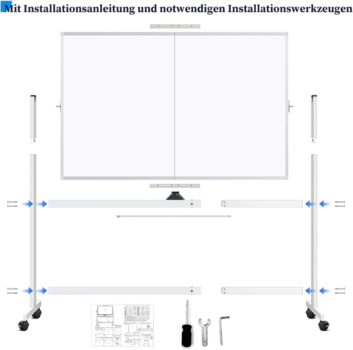 maxtek Whiteboard met standaard, dubbelzijdig magnetisch aluminium frame, mobiel whiteboard met pennen, sponzen, bordwisser
