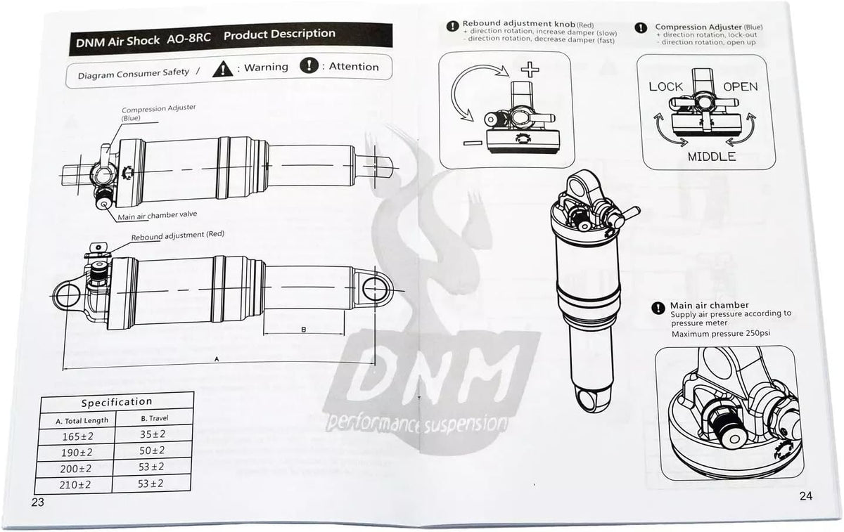 DNM AO-8RC ST3009-N 210 x 53 mm Mountain Bike Air Rear Shock met Lockout