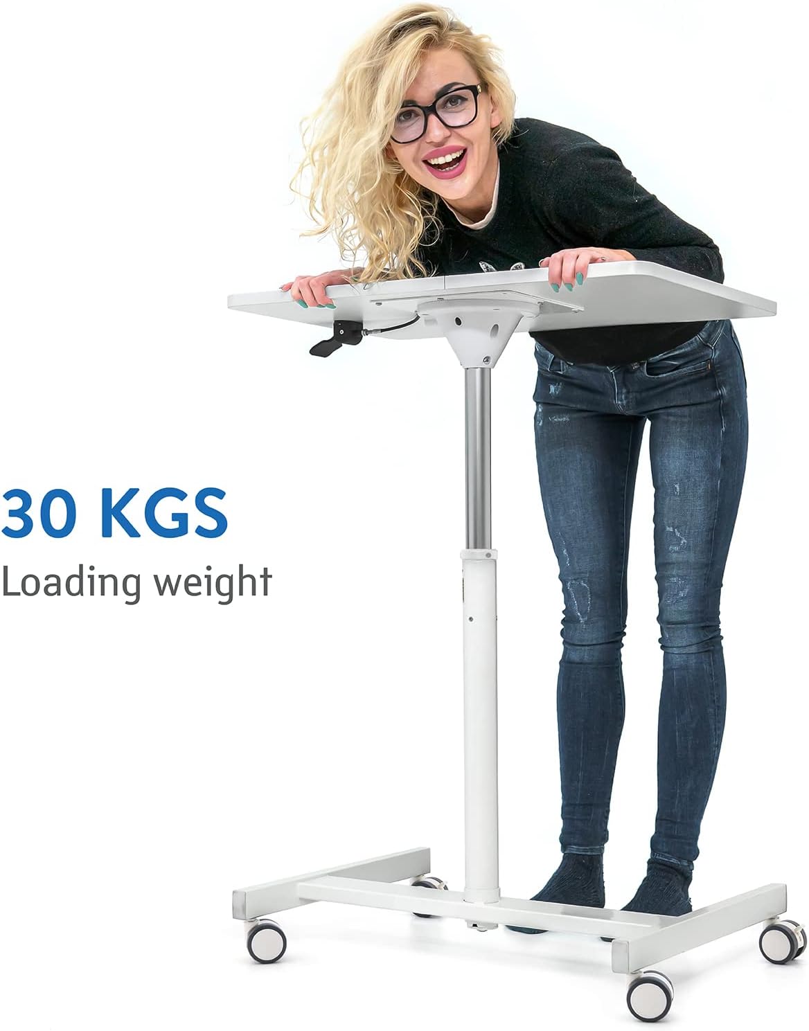 Tatkraft Trend Airlift pneumatisch zit-sta laptopbureau met wielen, verstelbare hoogte 74-114 cm Moeiteloze gasliftregeling, thuiskantoor mobiele laptopstandaard, Wit